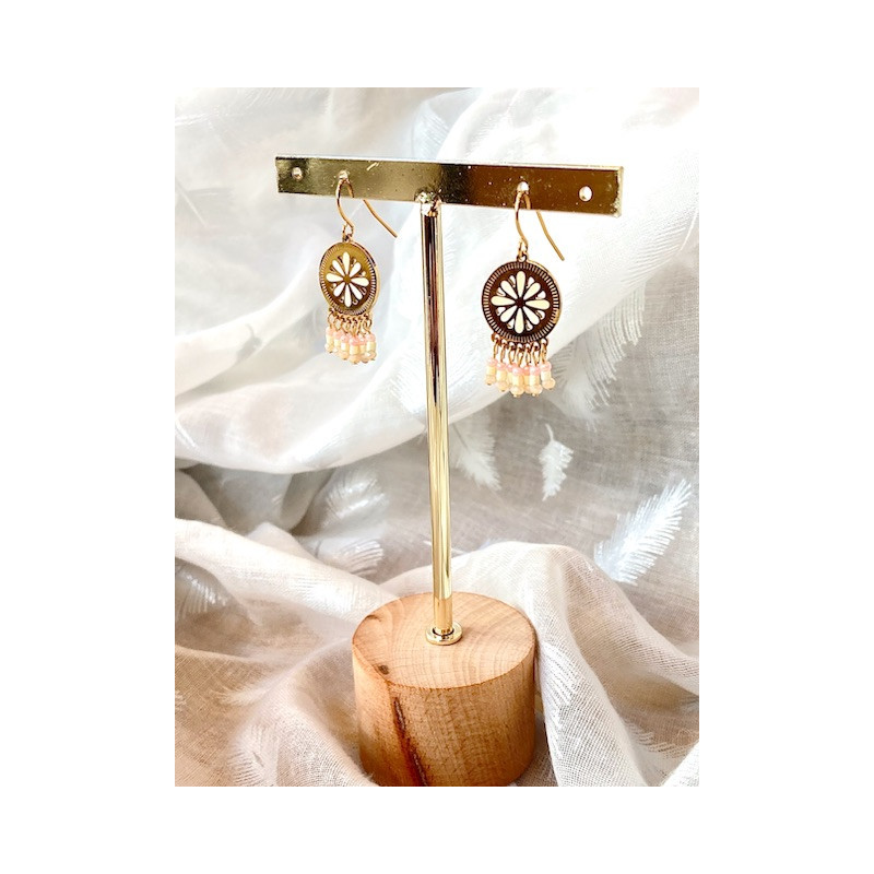Boucles d’oreilles - Indienne - rose et blanc